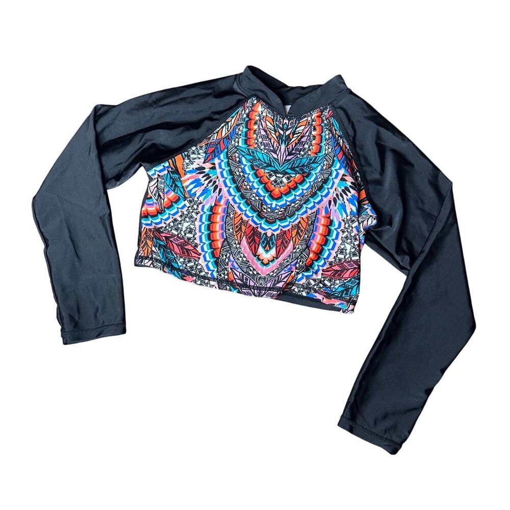 Girls Art Class Long-Sleeve Crop Swim Top Size M 7/8 Multicolor Pattern & Black